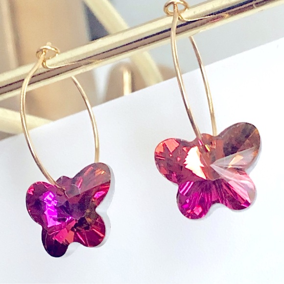 Hand Crafted Jewelry - New Handmade Sparkling Dangling Crystal Butterfly Hoop Earrings Magenta Pink